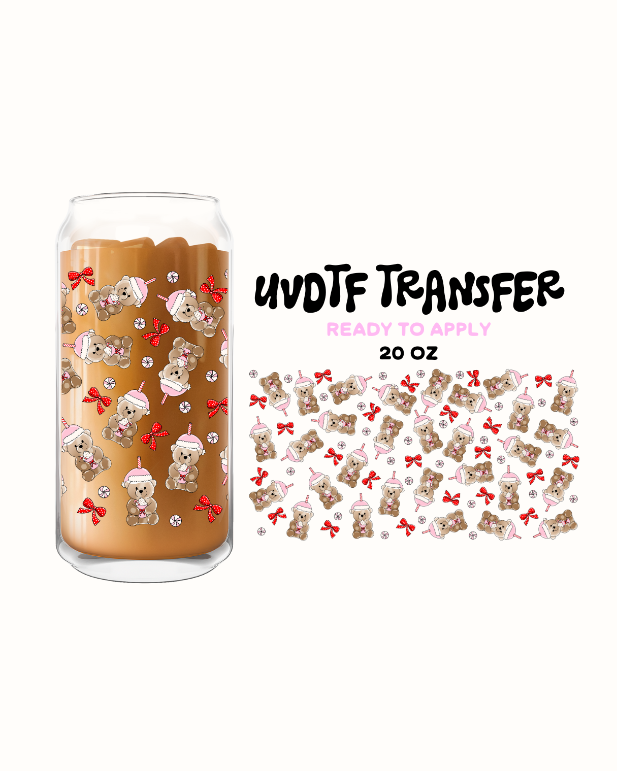 Cute teddybear and red bows - UVDTF 20oz Cup Wrap